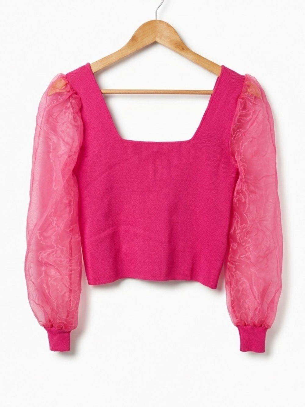 House of Harlow Women’s 1960 hot pink sheer puff long sleeve cropped knit top S